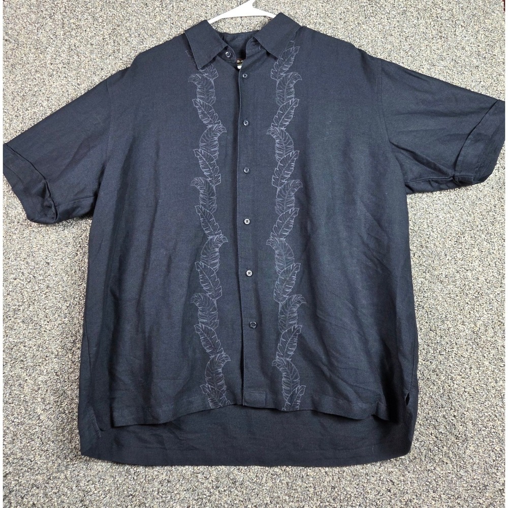 Cubavera‎ Guayabera Shirt Mens XL Black Embroidered Leaf Short Sleeve Relaxed
